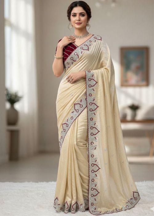 Beige Silk Saree With Maroon Sequin Border