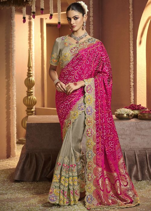 Grey Half N Half Silk Saree With Bandhej Pallu