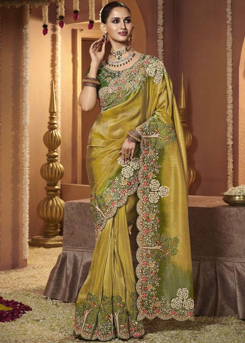 Shaded Green Silk Saree With Floral Border
