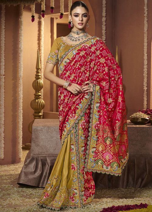 Yellow Half N Half Silk Saree With Zari Woven