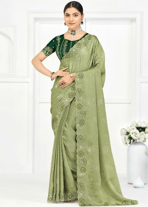 Green Silk Saree With Floral Embroidery
