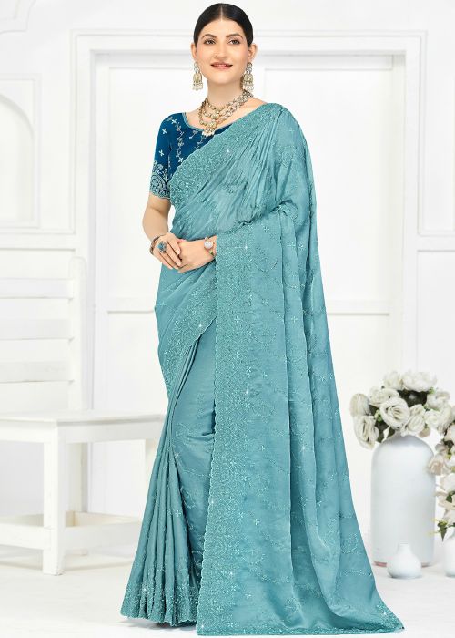 Blue Silk Saree With Sequins Embroidery