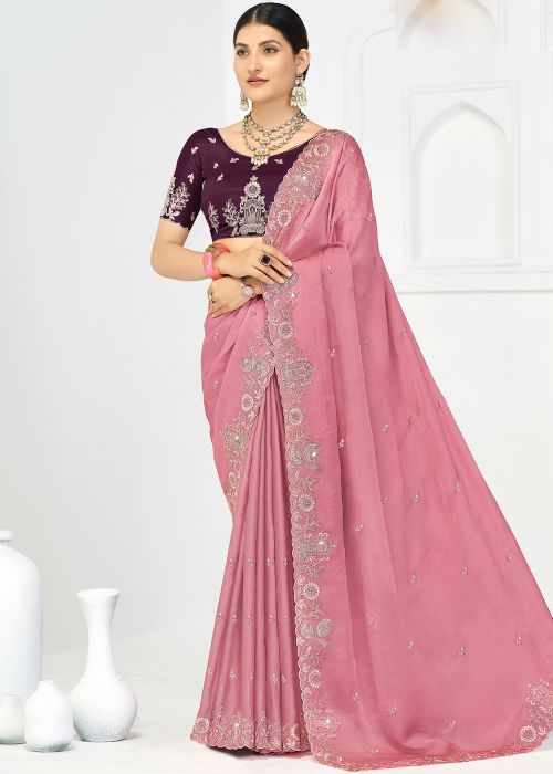 Pink Silk Saree With Delicate Border Work