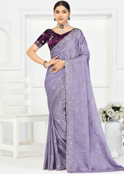 Lavender Silk Saree With Fine Embroidery