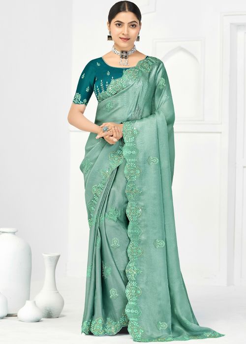 Turquoise Silk Saree With Embroidered Pallu
