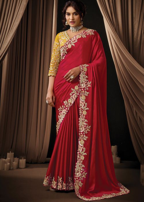 Red Satin Saree With Floral Sequin Work