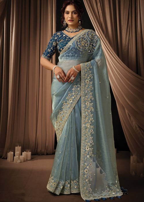 Sky Blue Organza Saree With Zari Work Border