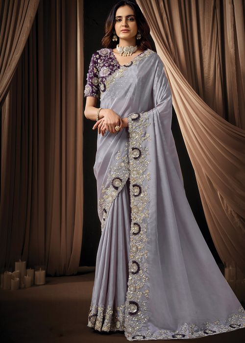 Grey Silk Saree With Floral Applique Work