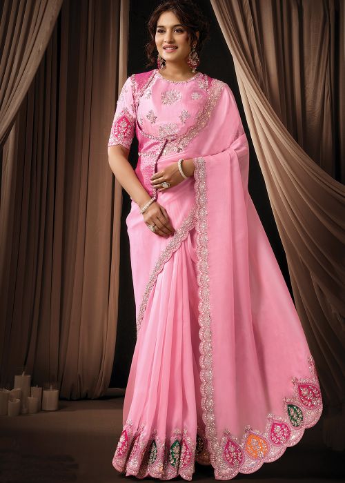 Pink Tissue Saree With Scalloped Handwork Edge