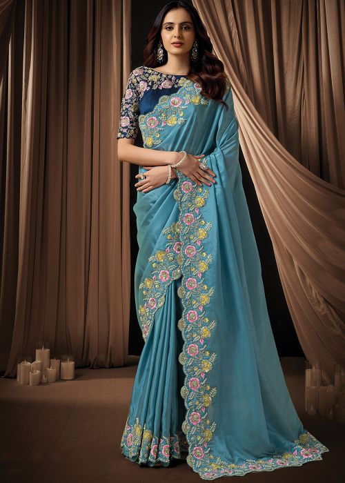 Blue Silk Saree With Floral Stone Work Border