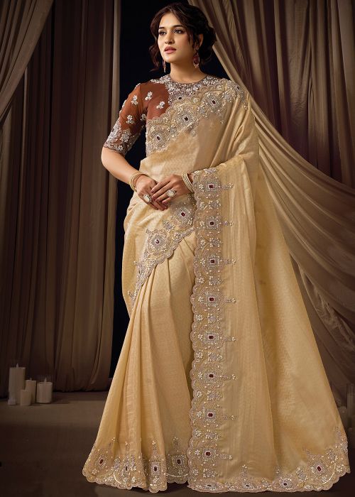 Beige Jacquard Saree With Brown Blouse