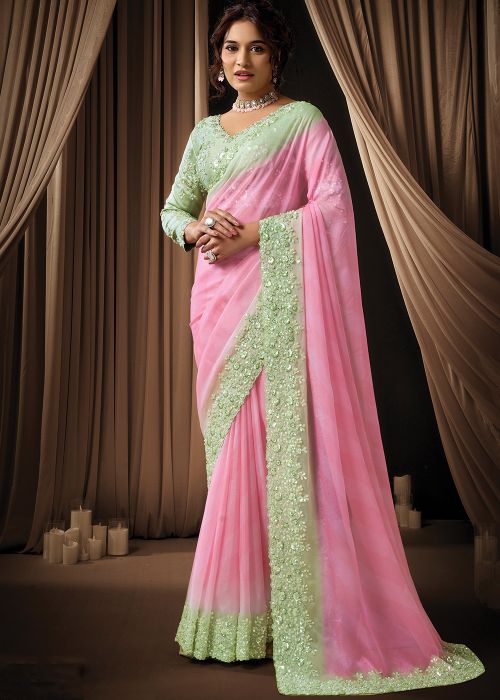 Pink Ombre Georgette Saree With Embroidered Blouse