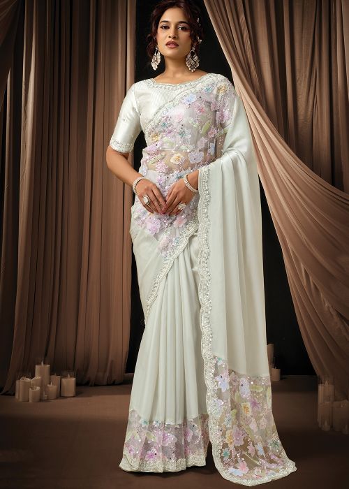 Off White Satin Saree With Floral Handwork Detail