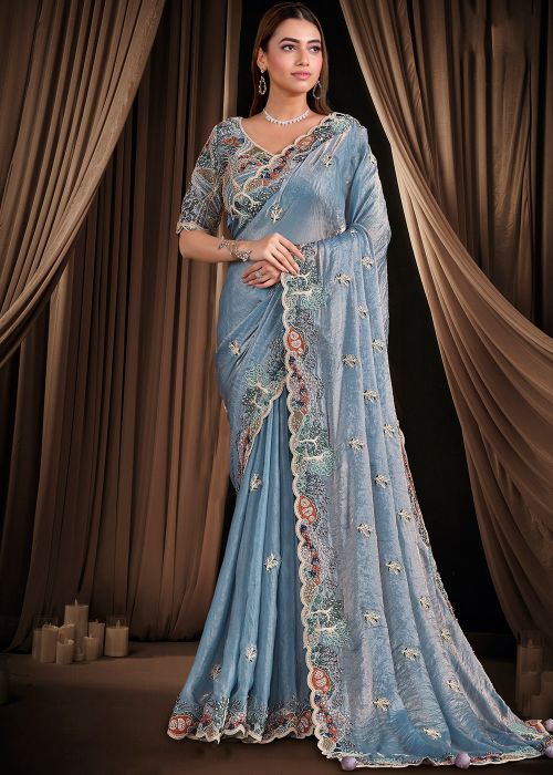 Sky Blue Satin Saree With Multicolor Work