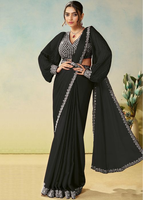 Black Satin Pre-Stitched Saree With Puff Sleeves