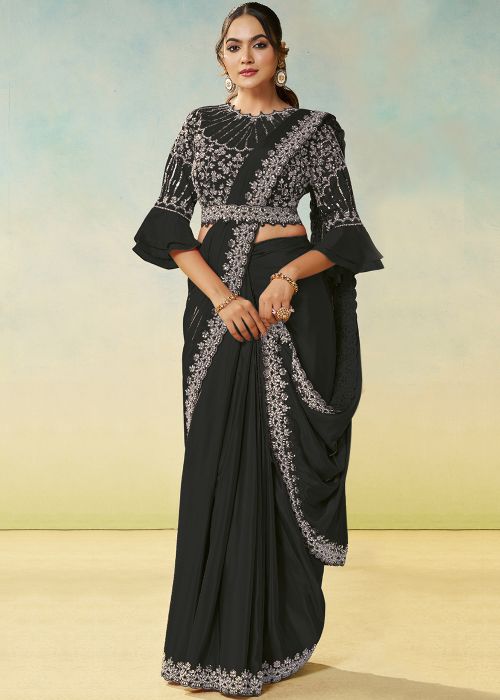 Black Satin Pre-Stitched Saree With Sequin Border