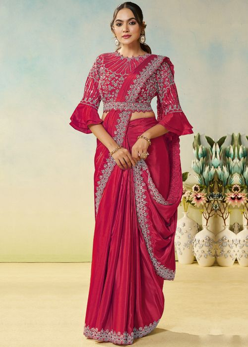 Rani Pink Satin Pre-Stitched Saree With Beadwork