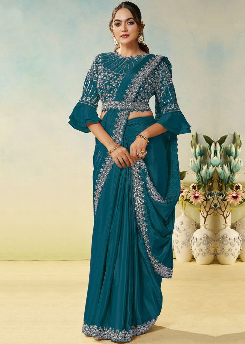 Teal Blue Pre-Stitched Saree With Silver Handwork