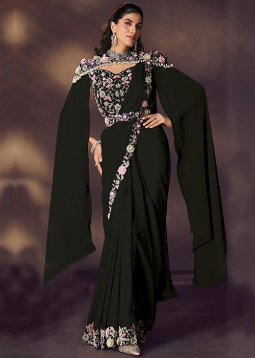 Black Satin Pre-Stitched Saree With Floral Cape