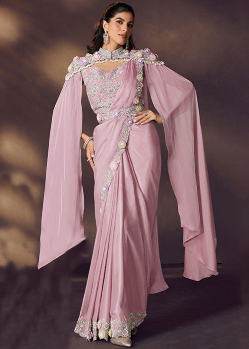Blush Pink Pre-Stitched Saree With Cape Pallu