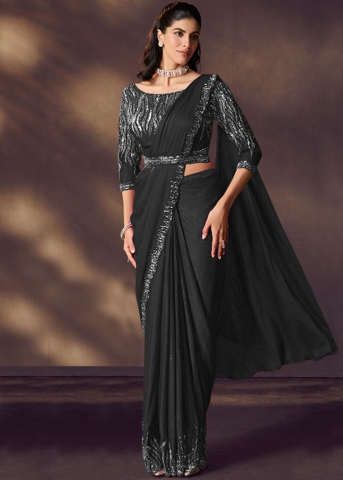 Black Satin Pre-Stitched Saree With Embellished Blouse