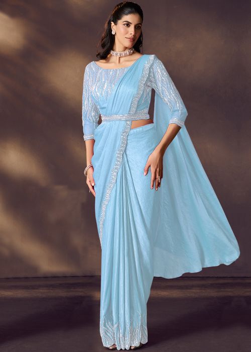 Sky Blue Pre-Stitched Saree With Sequin Trim