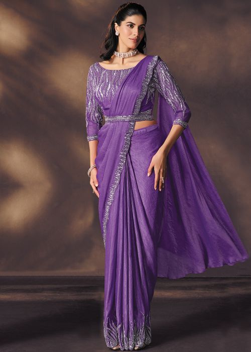 Purple Satin Pre-Stitched Saree With Glam Belt