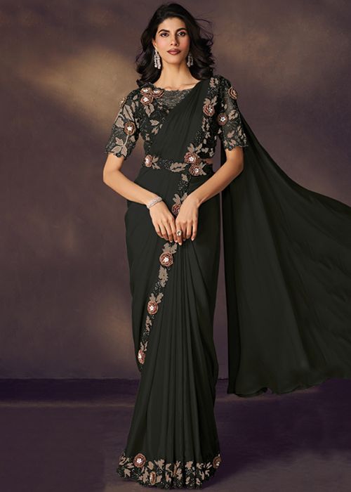 Black Pre-Stitched Saree With Floral Motifs
