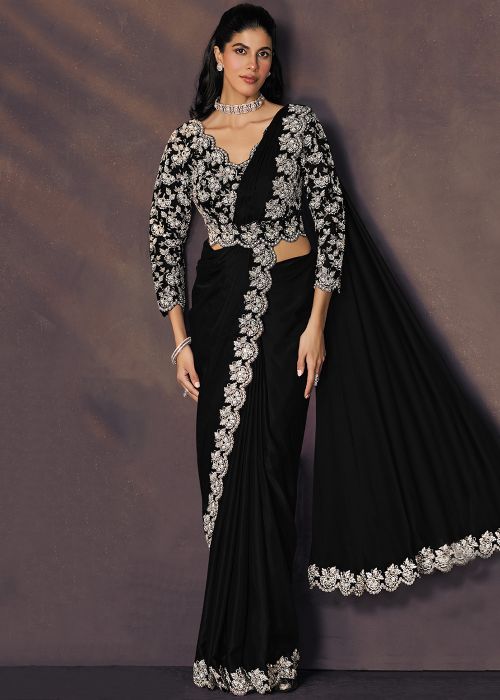 Black Satin Pre-Stitched Saree With Floral Border