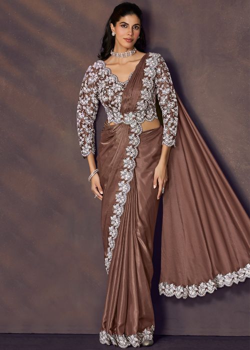 Brown Satin Pre-Stitched Saree With Tissue Blouse