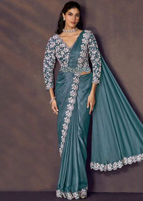 Teal Blue Satin Pre-Stitched Saree With Floral Edge