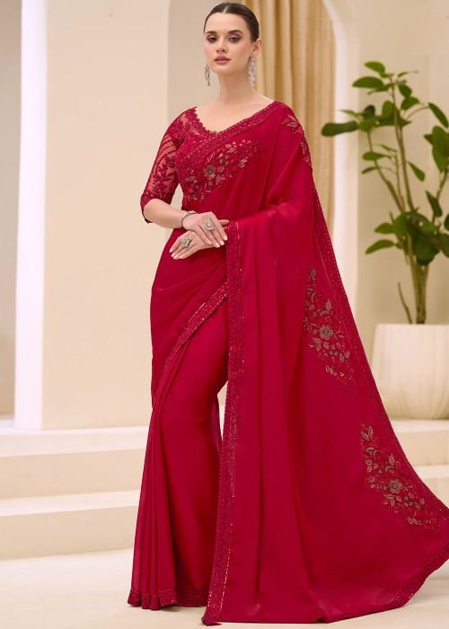 Red Satin Saree With Sequin Embroidery