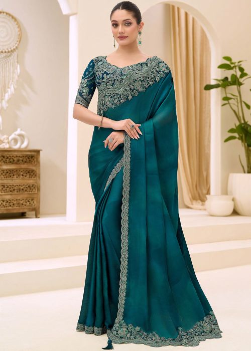 Teal Blue Satin Saree With Floral Thread Work