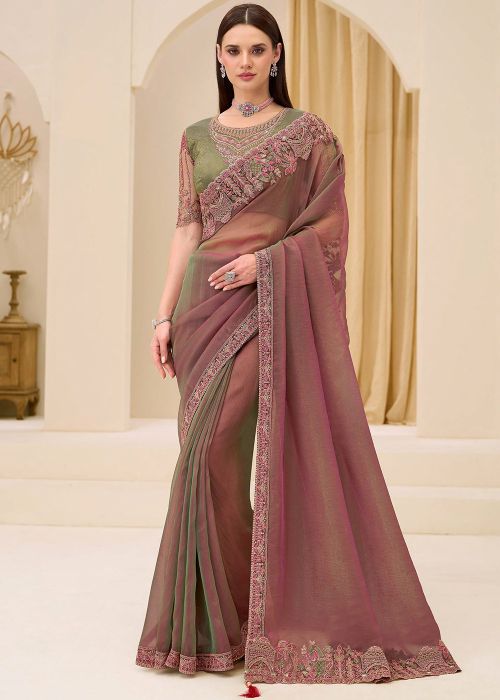 Dual Tone Mauve Pink Saree With Embroidered Blouse