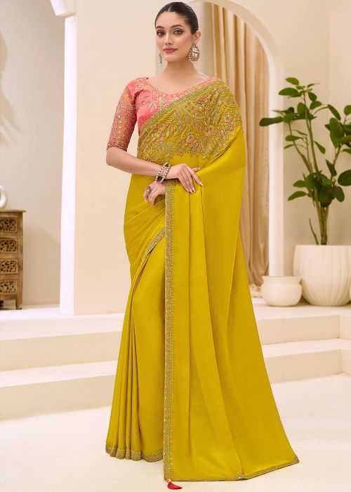 Yellow Satin Saree With Pink Silk Blouse