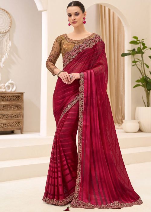 Wine Satin Saree With Contrast Woven Blouse