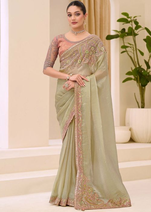 Beige Tissue Saree With Peach Silk Blouse