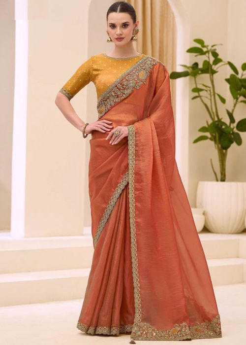 Rust Orange Silk Saree With Yellow Woven Blouse