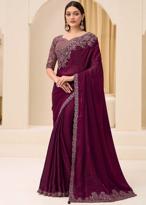 Purple Satin Saree With Embroidered Blouse