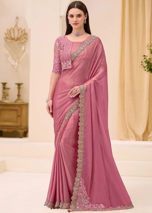 Rose Pink Satin Saree With Embroidered Jacket