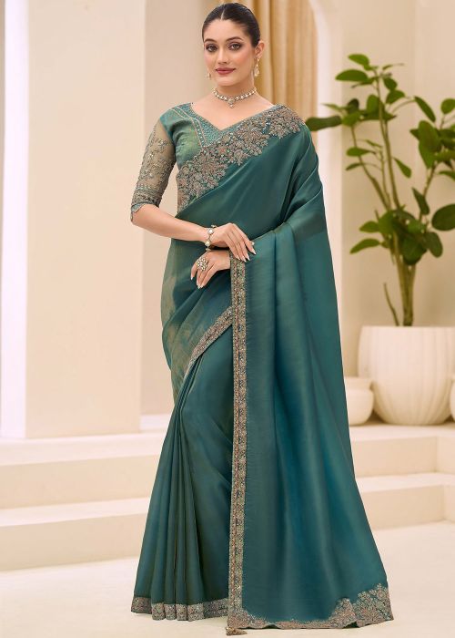Teal Green Tissue Saree With Zari Embroidery