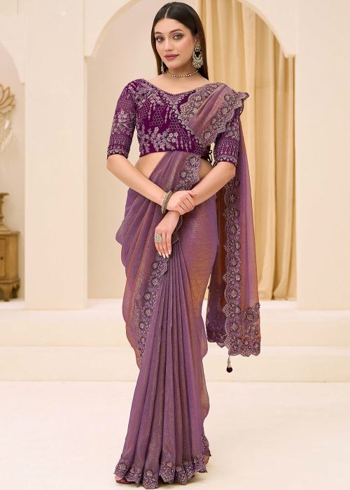 Purple Georgette Saree With Floral Zari Blouse