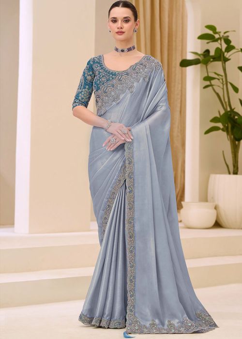 Powder Blue Saree With Embroidered Blouse