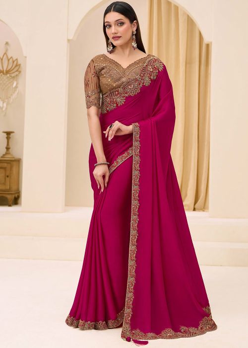 Magenta Georgette Saree With Brown Blouse