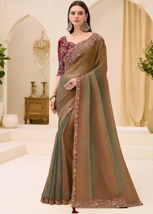 Dual Tone Brown Saree With Wine Silk Blouse