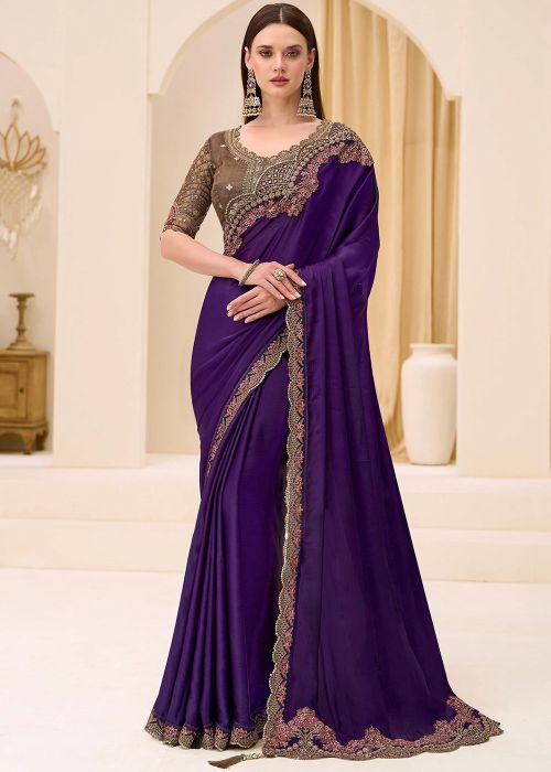 Royal Purple Saree With Embroidered Silk Blouse