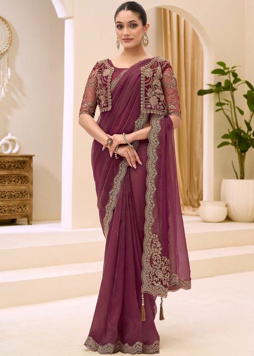 Mauve Purple Georgette Saree With Embellished Blouse