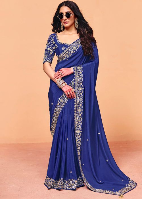Royal Blue Silk Saree With Zari Border