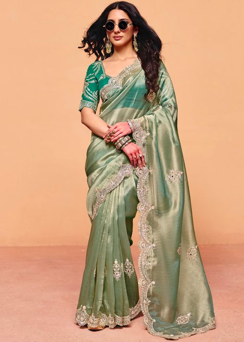 Sage Green Tissue Saree With Thread Zari Embroidery