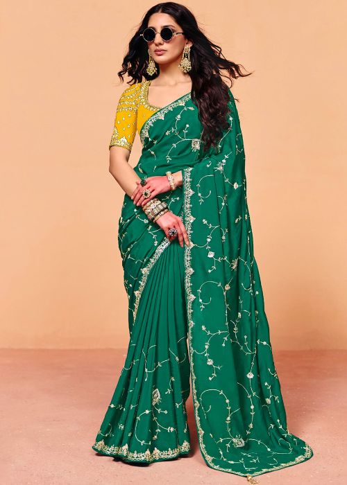 Green Silk Saree With Yellow Embroidered Blouse